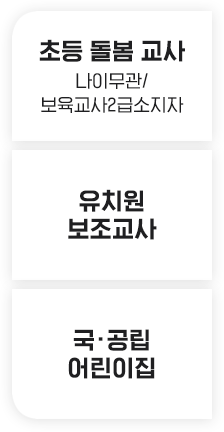 초등 돌봄 교사 나이무관/보육교사2급소지자, 유치원 보조교사, 국/공립 어린이집