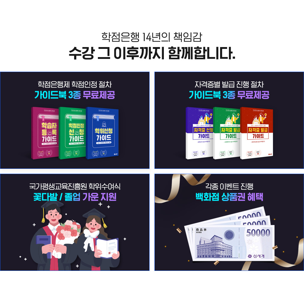 학점은행 14년의 책임감 수강 그 이후까지 함께합니다. 학점은행제 학점인정 절차 가이드북 3종 무료제공, 자격증별 발급 진행 절차 가이드북 3종 무료제공, 국가평생교육진흥원 학위수여식, 꽃다발 / 졸업 가운 지원