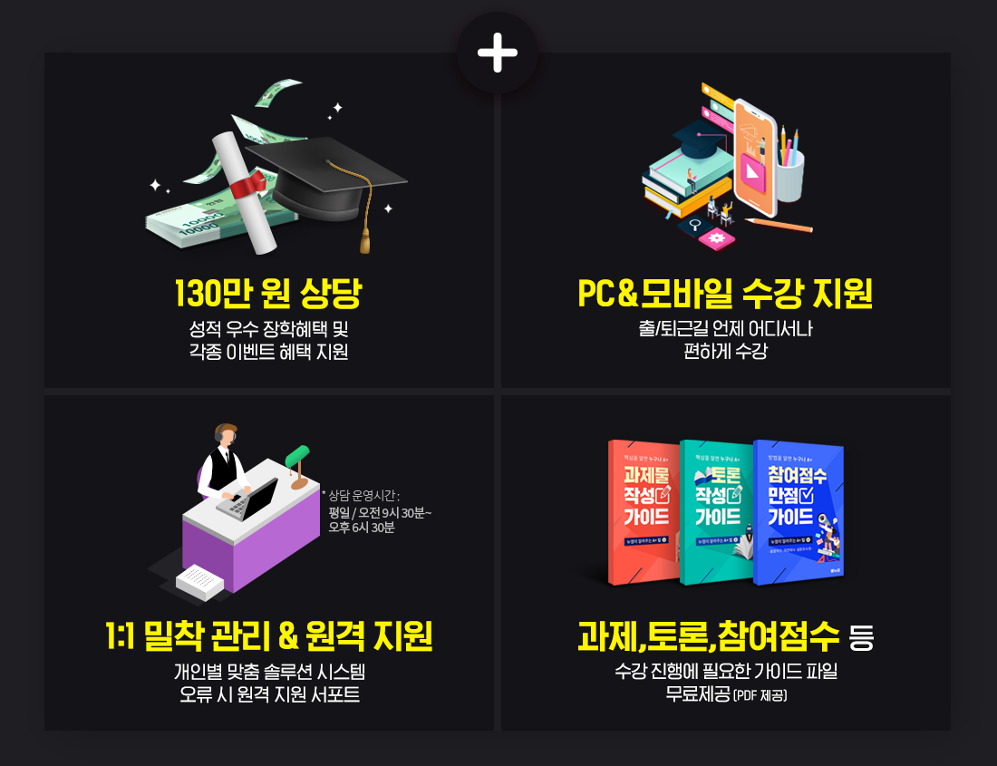 1. 130만 원 상당, 성적 우수 장학혜택 및 각종 이벤트 혜택 지원. 2. PC&모바일 수강 지원, 출/퇴근길 언제 어디서나 편하게 수강. 3. 1:1 밀착 관리 & 원격 지원 개인별 맞춤 솔루션 시스템, 오류 시 원격 지원 서포트. 4. 과제,토론,참여점수 등 수강 진행에 필요한 가이드 파일 무료제공 (PDF 제공)