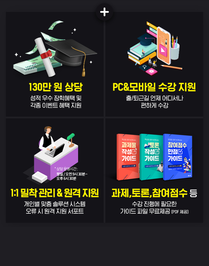 1. 130만 원 상당, 성적 우수 장학혜택 및 각종 이벤트 혜택 지원. 2. PC&모바일 수강 지원, 출/퇴근길 언제 어디서나 편하게 수강. 3. 1:1 밀착 관리 & 원격 지원 개인별 맞춤 솔루션 시스템, 오류 시 원격 지원 서포트. 4. 과제,토론,참여점수 등 수강 진행에 필요한 가이드 파일 무료제공 (PDF 제공)