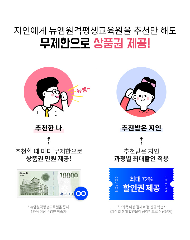 지인에게 뉴엠을 추천만 해도 무제한으로 상품권 제공!, 뉴엠을 추천하는 나, 추천할 때 마다 무제한으로 상품권 만원 제공! (뉴엠원격을 통해 1과목 이상 수강한 학습자), 뉴엠을 추천 받은 지인, 추천받은 지인 과정별 최대할인 적용(7과목 이상 결제 예정 신규 학습자(과정별 최대 할인율이 상이함으로 상담문의))