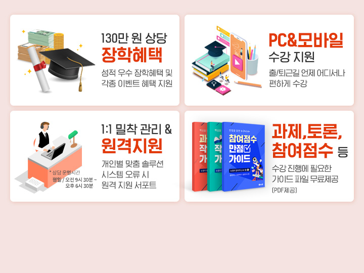 130만 원 상당 장학혜택, 성적 우수 장학혜택 및 각종 이벤트 혜택 지원, PC&모바일 수강 지원, 출/퇴근길 언제 어디서나 편하게 수강, 1:1 밀착 관리 & 원격지원, 개인별 맞춤 솔루션 시스템 오류 시 원격 지원 서포트, 과제,토론, 참여점수 등, 수강 진행에 필요한 가이드 파일 무료제공(PDF제공)