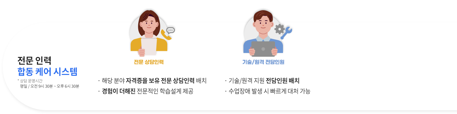 전문 인력 합동 케어 시스템, 상담 운영시간: 평일 오전 9시 30분 ~ 오후 6시 30분, 해당 분야 자격증 보유 전문 상담인력 배치, 경험이 더해진 전문적인 학습설계 제공, 기술/원격 지원 전담인원 배치, 수업장애 발생 시 빠르게 대처 가능
