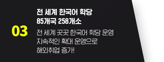 전 세계 한국어 학당 85개국 258개소, 전 세계 곳곳 한국어 학당 운영 지속적인 확대 운영으로 해외취업 증가!