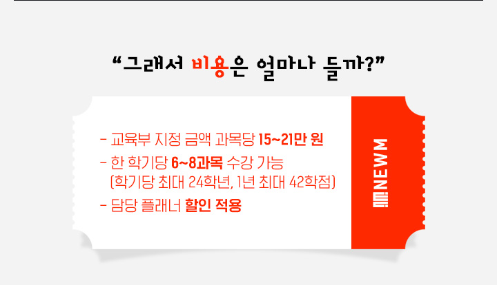그래서 비용은 얼마나 들까? 교육부 지정 금액 과목당 15~21만원, 한 학기당 6~8과목 수강 가능 (학기당 최대 24학년, 1년 최대 42학점), 담당 플래너 할인 적용