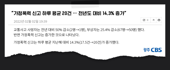 가정폭력 신고 하루 평균 20건 전년도 대비 14.3% 증가