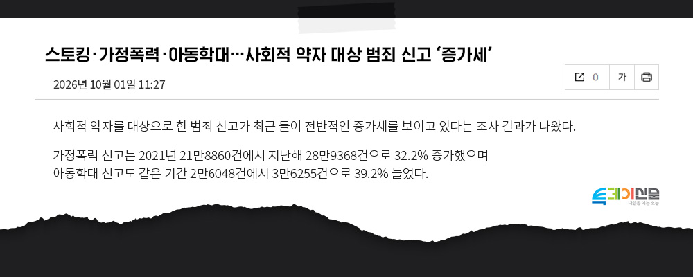 스토킹, 가정폭력, 아동학대, 사회적 약자 대상 범죄 신고 증가세