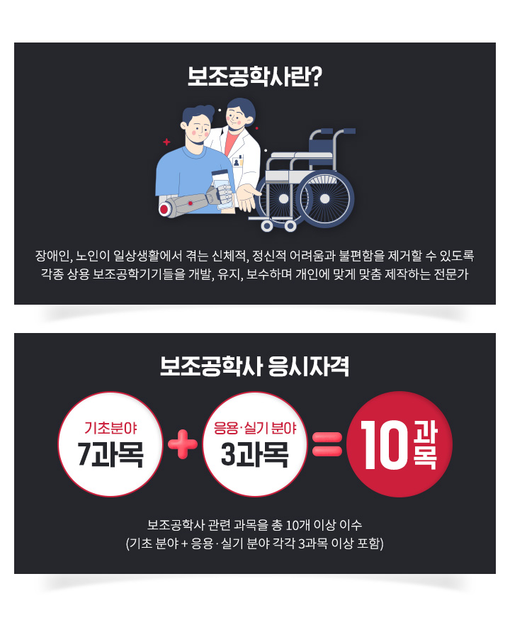 보조공학사란, 장애인, 노인이 일상생활에서 겪는 신체적, 정신적 어려움과 불편함을 제거할 수 있도록 각종 상용 보조공학기기들을 개발, 유지, 보수하며 개인에 맞게 맞춤 제작하는 전문가, 보조공학사 응시자격, 보조공학사 관련 과목을 총 10개 이상 이수 (기초 분야 7과목 + 응용, 실기 분야 각각 3과목 이상 포함)