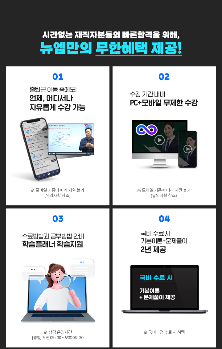 시간없는 재직자분들의 빠른합격을 위해, 뉴엠만의 무한혜택 제공! 01. 출퇴근 이동 중에도! 언제, 어디서나 자유롭게 수강 가능, ※ 모바일 기종에 따라 지원 불가(유의사항 참조) 02. 수강 기간 내내 PC+모바일 무제한 수강, ※ 모바일 기종에 따라 지원 불가(유의사항 참조) 03. 내일배움카드 발급부터 국비지원 수강신청까지, ※ 상담 운영시간 [평일] 오전 09 : 30 ~ 오후 06 : 30 04. 국비 수료 시 기본이론+문제풀이 제공, ※ 국비과정 수료 시 혜택