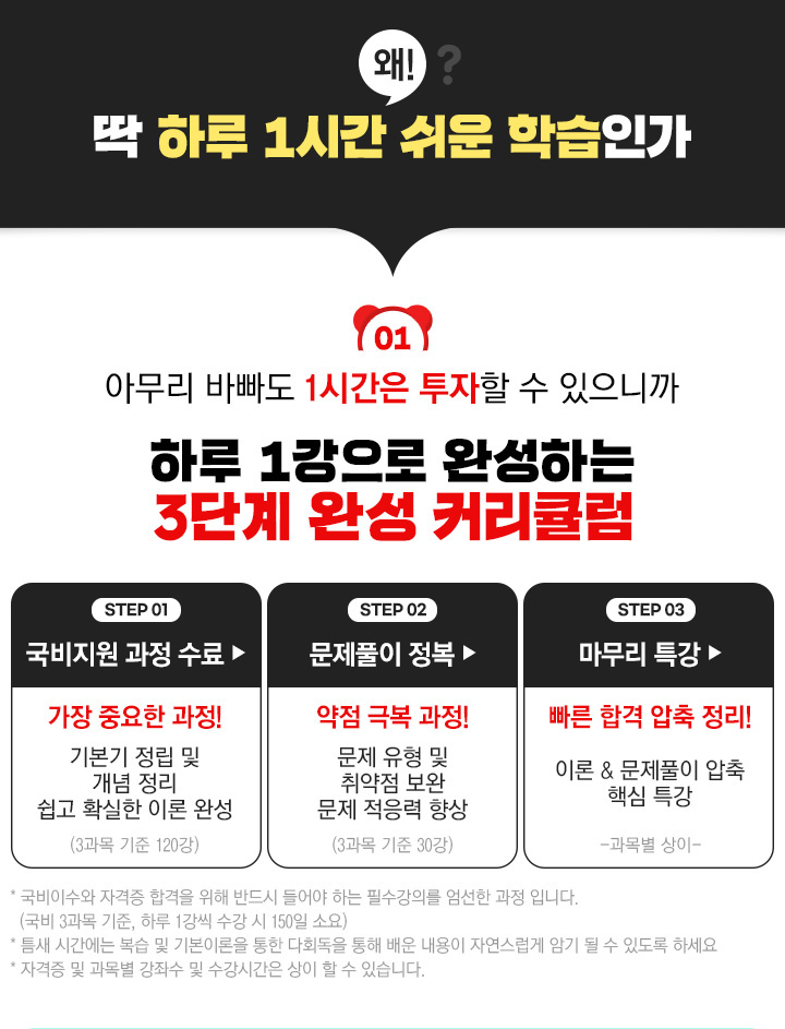 아무리 바빠도 1시간은 투자할 수 있으니까 하루 1강으로 완성하는 3단계 완성 커리큘럼, STEP01: 국비지원 과정 수료, STEP02: 문제풀이 정복, STEP03: 마무리 특강
