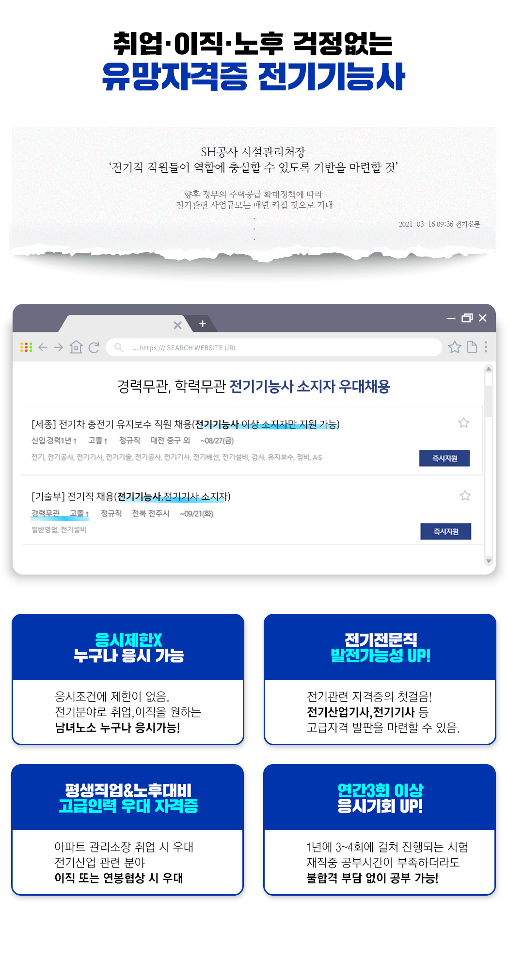 취업, 이직, 노후 걱정없는 유망자격증 전기기능사, 1. 응시제한 없음, 누구나 응시가능, 2. 전기전문직 발전가능성 UP!, 3. 평생직업&노후대비 고급인력 우대 자격증, 4. 연간3회 이상 응시기회 UP!