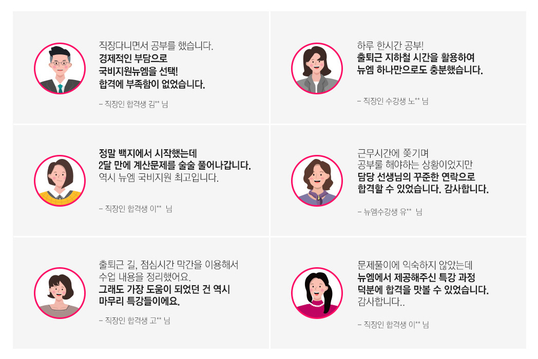 시간이 부족한 재직자 분들을 위한 한번에 합격하는 커리큘럼, STEP 01 국비지원 과정 수료: 가장 중요한 과정! 기본기 정립 및 개념정리 쉽고 확실한 이론 완성, STEP 02 문제풀이 정복: 약점 극복 과정! 문제유형 및 취약점 보완 문제 적응력 향상, STEP 03 특강 + 기출과정: 빠른 합격을 위한 압축정리! 이론 + 문제풀이 + 기출 핵심만 쏙쏙 압축한 특강
