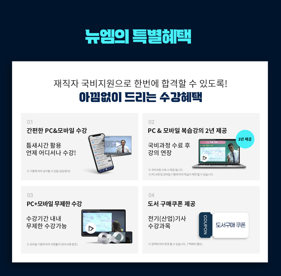 뉴엠의 특별혜택, 1. 기출문제/오프라인 특강 제공, 2. PC & 모바일 복습강의 1년 제공, 3. 공부의지부터 국비수강까지 학습플래너의 수강관리, 4. 전기(산업)기사 수강과목 도서구매 쿠폰 제공, 5. 언제 어디서나 간편한 PC&모바일 수강!