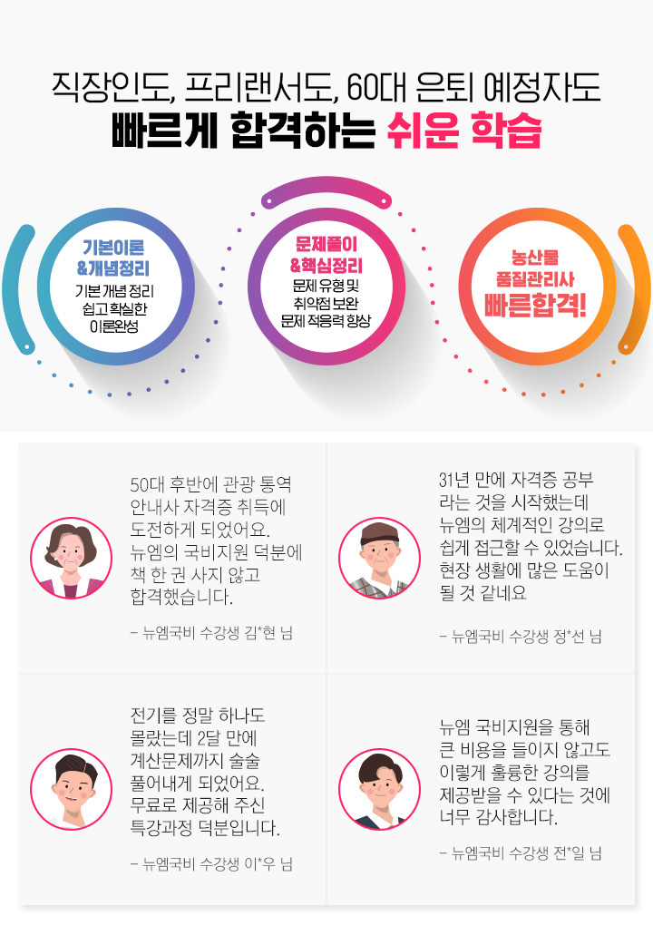 직장인도, 프리랜서도, 60대 은퇴 예정자도 빠르게 합격하는 쉬운 학습, 기본이론 & 개념정리: 기본 개념 정리, 쉽고 확실한 이론완성, 문제풀이&핵심정리: 문제 유형 및 취약점 보완, 문제 적응력 향상, 농산물 품질관리사 빠른합격!