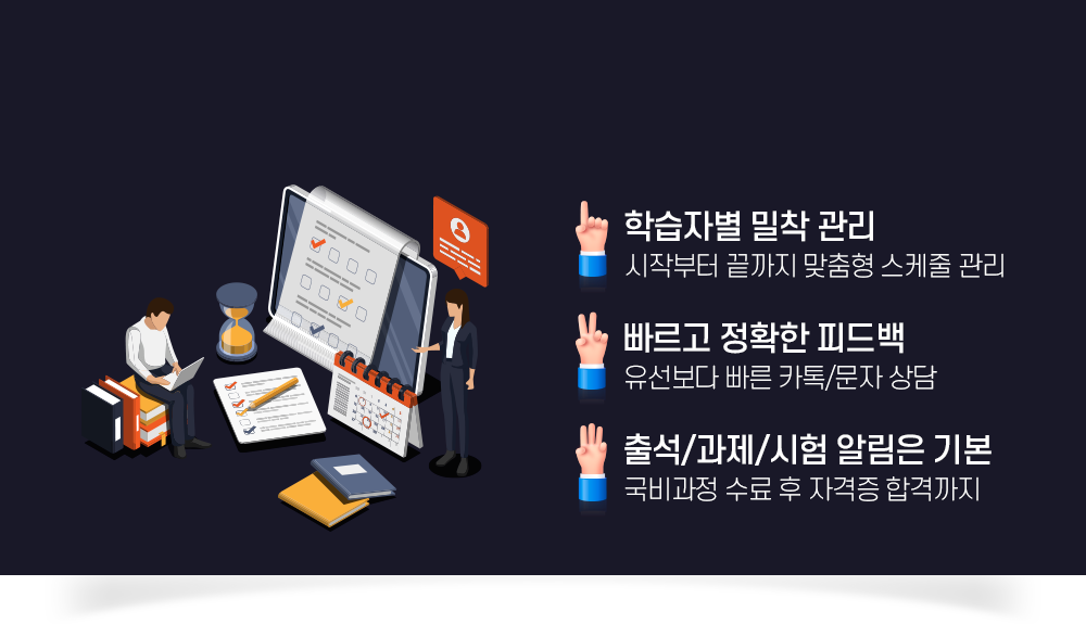 1:1 학습자별 밀착 관리 시작부터 끝까지 맞춤형 스케줄 관리, 빠르고 정확한 피드백 유선보다 빠른 카톡/문자 상담, 출석/과제/시험 알림은 기본 국비과정 수료 후 자격증 합격까지