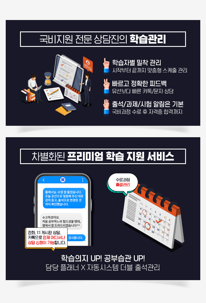 1:1 학습자별 밀착 관리 시작부터 끝까지 맞춤형 스케줄 관리, 빠르고 정확한 피드백 유선보다 빠른 카톡/문자 상담, 출석/과제/시험 알림은 기본 국비과정 수료 후 자격증 합격까지