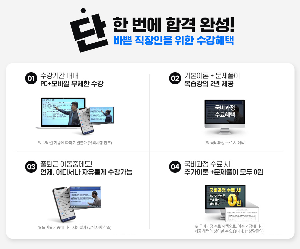 단 한번에 합격완성! 바쁜 직장인을 위한 수강혜택, 01. 수강기간 내내 pc+모바일 무제한 수강, 02. 국비수료 시 기본이론+문제풀이 1년 365일 제공, 03. 내일배움카드 발급부터 국비지원 수강신청까지 1:1 학습서비스, 04. 출퇴근 이동중에도! 언제, 어디서나 자유롭게 수강가능, 05. 교재비용 지원 혜택 UP! 수강과목 도서쿠폰 제공, 06. 국비과정 수료시 추가이론+문제풀이+특강 모두 0원