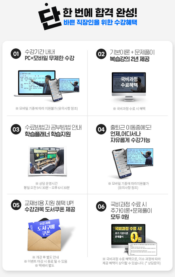 단 한번에 합격완성! 바쁜 직장인을 위한 수강혜택, 01. 수강기간 내내 pc+모바일 무제한 수강, 02. 국비수료 시 기본이론+문제풀이 1년 365일 제공, 03. 내일배움카드 발급부터 국비지원 수강신청까지 1:1 학습서비스, 04. 출퇴근 이동중에도! 언제, 어디서나 자유롭게 수강가능, 05. 교재비용 지원 혜택 UP! 수강과목 도서쿠폰 제공, 06. 국비과정 수료시 추가이론+문제풀이+특강 모두 0원