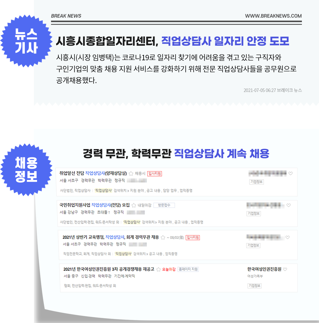 시흥시종합일자리센터, 직업상담사 일자리 안정 도모 뉴스기사, 경력 무관, 학력무관 직업상담사 계속 채용 채용정보