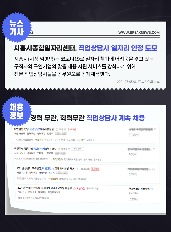시흥시종합일자리센터, 직업상담사 일자리 안정 도모 뉴스기사, 경력 무관, 학력무관 직업상담사 계속 채용 채용정보