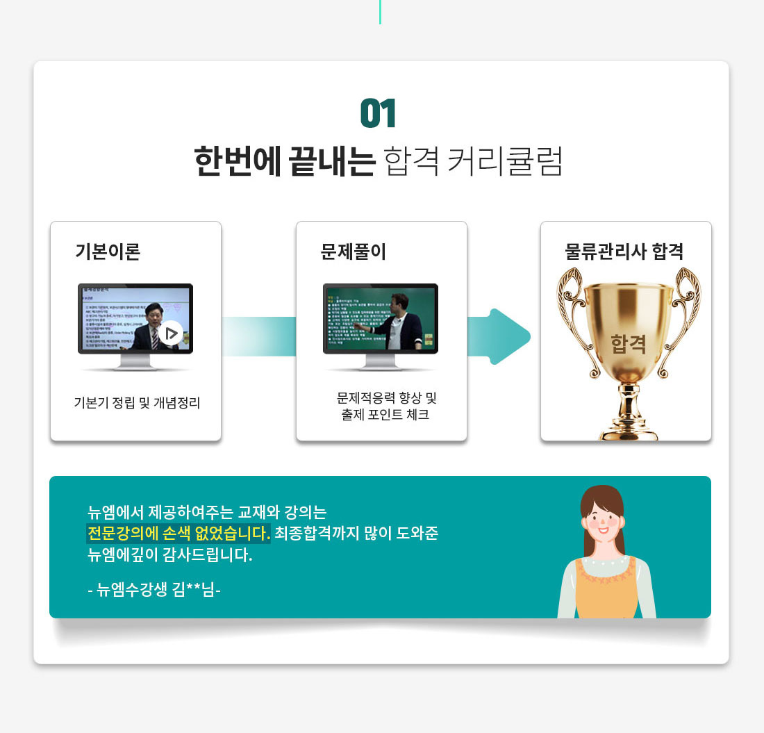1. 한번에 끝내는 합격 커리큘럼,  기본이론: 기본기 정립 및 개념정리, 2. 문제풀이: 문제적응력 향상 및 출체 포인트 체크, 3. 물류관리사 합격