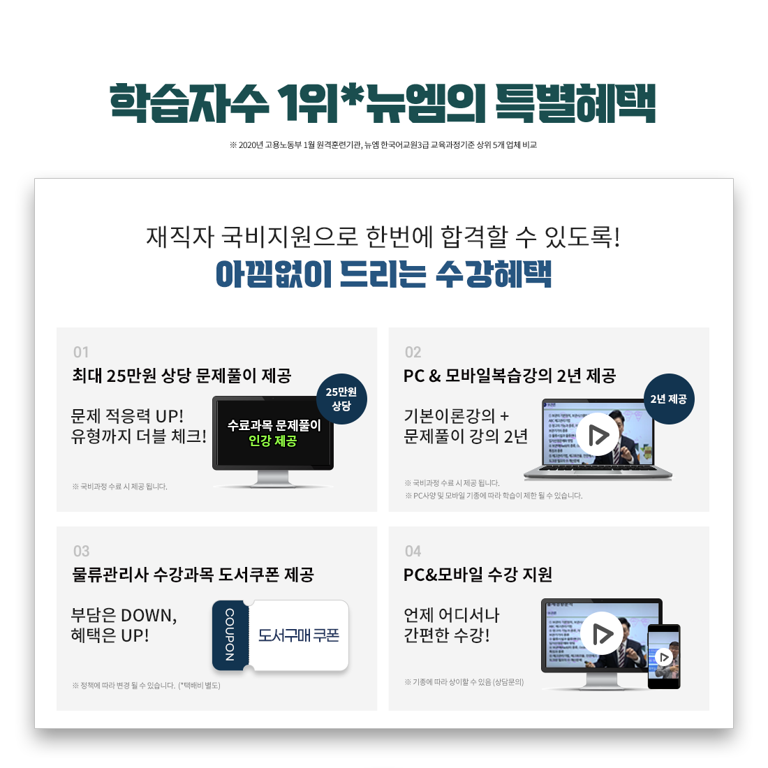 학습자수 1위*뉴엠의 특별혜택(※ 2020년 고용노동부 1월 원격훈련기관, 뉴엠 한국어교원3급 교육과정기준 상위 5개 업체 비교), 1. 최대 25만원 상당 문제풀이 제공 문제적응력 UP! 유형까지 더블 체크! 2. PC & 모바일 복습강의 1년 제공 기본이론강의 + 문제풀이 강의 1년 3. 공부의지부터 국비수강까지 학습플래너의 수강관리 ※ 상담센터 평일 09:30~18:30 운영 4. 물류관리사 수강과목 도서구매 쿠폰 제공 (※ 정책에 따라 변경 될 수 있습니다. *택배비 별도) 5. 언제 어디서나 간편한 PC&모바일 수강!