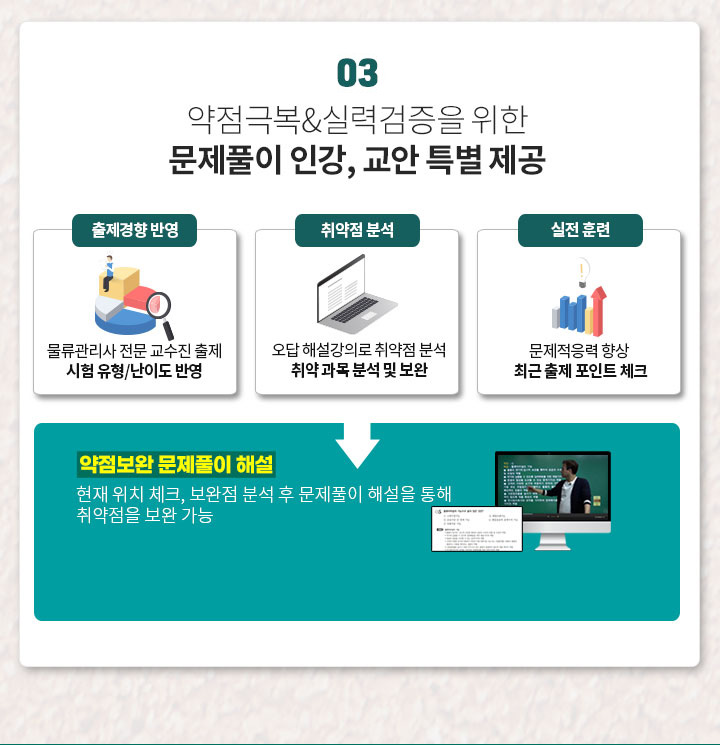 약점극복&실력검증을 위한 문제풀인 인강, 교안 특별 제공 1. 출체 경향 반영: 물류관리사 전문 교수진 출제 시험 유형/난이도 반영, 2. 취약점 분석: 오답 해설강의로 취약점 분석 취약 과목 분석 및 보완, 3. 실전 훈련: 문제적응력 향상 최근 출체 포인트 체크, 약점보완 문제풀이 해설: 현재 위치 체크, 보완점 분석 후 문제풀이 해설을 통해 취약점을 보완!