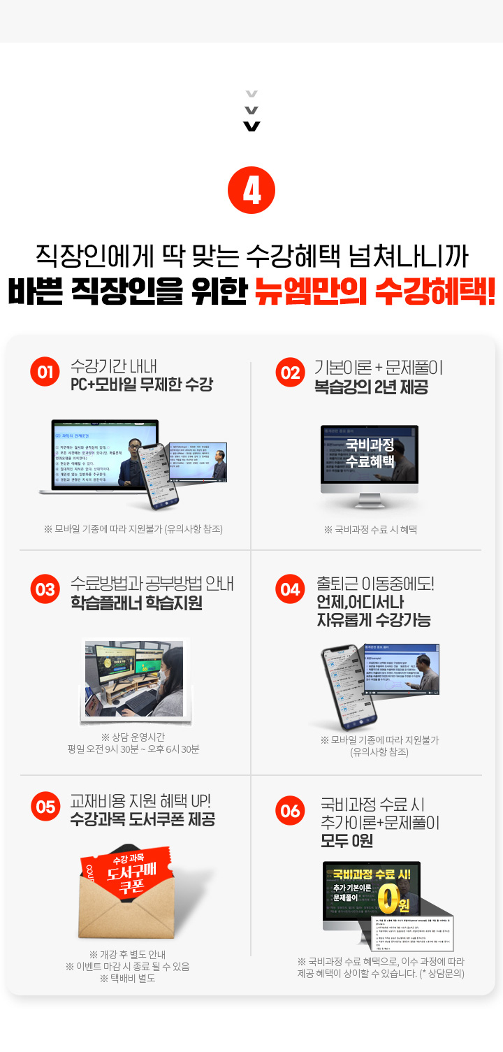 4. 직장인에게 딱 맞는 수강혜택 넘쳐나니까 바쁜 직장인을 위한 뉴엠만의 수강혜택, 1. 수강기간 내내 PC+모바일 무제한 수강, 2. 국비수료시 기본이론 + 문제풀이 1년 365일 제공, 3. 내일배움카드 발급부터 국비지원 수강신청까지 1:1학습서비스, 4. 출퇴근 이동중에도 언제, 어디서나 자유롭게 수강가능, 5. 교재비용 지원 혜택 UP! 수강과목 도서쿠폰 제공, 6. 국비과정 수료시 추가이론 + 문제풀이 