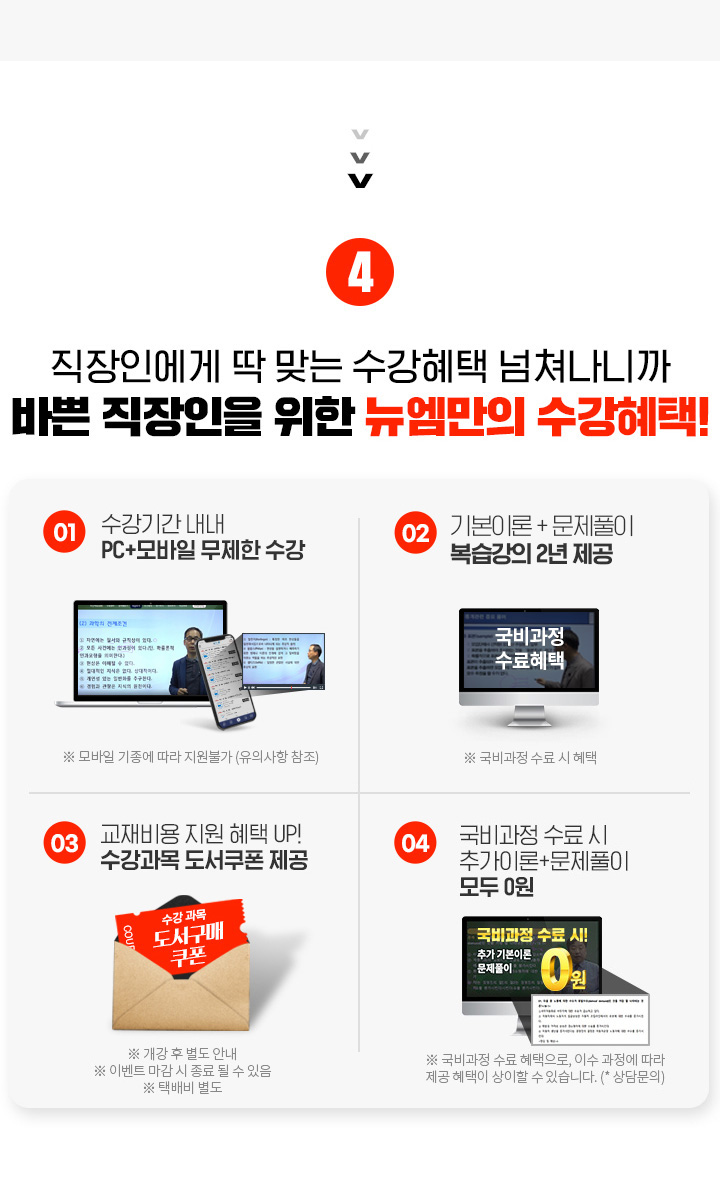 4. 직장인에게 딱 맞는 수강혜택 넘쳐나니까 바쁜 직장인을 위한 뉴엠만의 수강혜택, 1. 수강기간 내내 PC+모바일 무제한 수강, 2. 국비수료시 기본이론 + 문제풀이 1년 365일 제공, 3. 내일배움카드 발급부터 국비지원 수강신청까지 1:1학습서비스, 4. 출퇴근 이동중에도 언제, 어디서나 자유롭게 수강가능, 5. 교재비용 지원 혜택 UP! 수강과목 도서쿠폰 제공, 6. 국비과정 수료시 추가이론 + 문제풀이