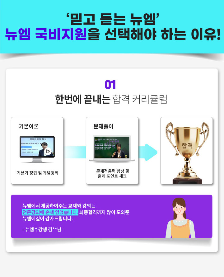 믿고 듣는 뉴엠 뉴엠 국비지원을 선택해야 하는 이유, 한번에 끝내는 합격 커리큘럼, 기본이론: 기본기 정립 및 개념정리, 문제풀이: 문제적응력 향상 및 출체 포인트 체크, 합격