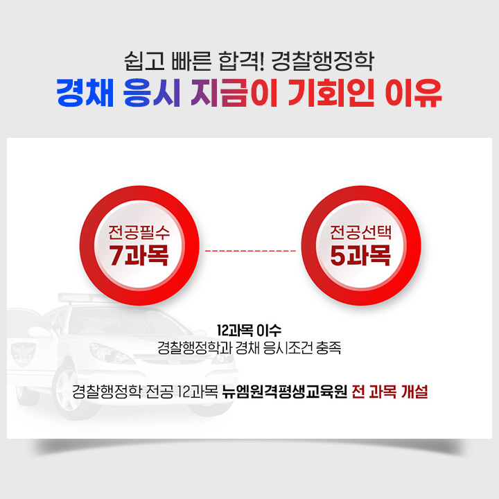 쉽고 빠른 합격! 경찰행정학, 경채 응시 지금이 기회인 이유, 전공필수 7과목 + 전공선택 5과목, 12과목 이수 경찰행정학과 경채 응시조건 충족, 경찰행정학 전공 12과목 뉴엠원격평생교육원 전 과목 개설