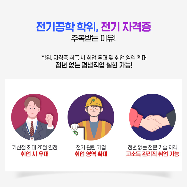 전기공학 학위, 전기 자격증 주목받는 이유! 학위/자격증 취득 시 취업 우대 및 취업 영역 확대 정년없는 평생직업 실현 가능! 가산점 최대 20점인정 취업 시 우대, 전기 관련기업 취업 영역 확대, 정년 없는 전문 기술 자격 고소득 관리직 취업 가능