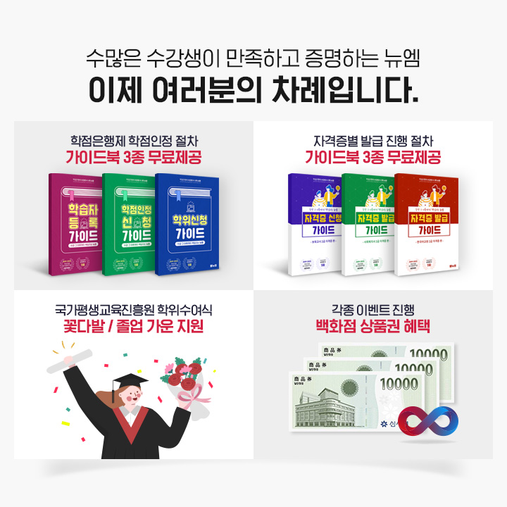 학점은행제 학점인정 절차 가이드북 3종 무료제공, 자격증별 발급 진행 절차 가이드북 3종 무료제공, 국가평생교육진흥원 학위수여식 꽃다발/졸업 가운 지원, 각종이벤트 진행 백화점 상품권 혜택